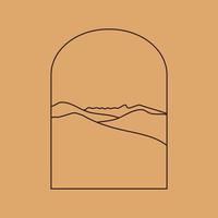 Vector simple illustration in simple linear style, minimalist boho logo landscape with mountain, hill, and sun.