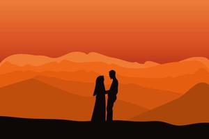 Vector of the silhouette of a couple standing on the hill against moonlight in the night sky.