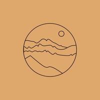 Vector simple illustration in simple linear style, minimalist boho logo landscape with mountain, hill, and sun.