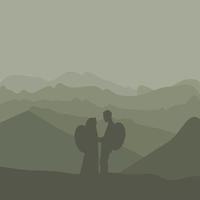 Vector of the silhouette of a couple standing on the hill against moonlight in the night sky.