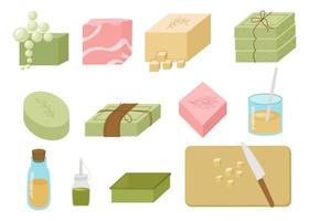 Handmade soap, base, oil, flavor, packaged pieces, twine, tools, bubbles, for making. Natural cosmetics. Vector illustration for soap making, social networks, website, packaging design.