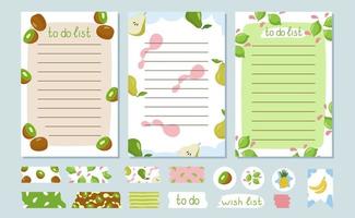 Set of summer to-do lists, a wish page template and a washi tapes. Decorated with kiwi berries, pears and limes. Vector illustration of vacation planning and gifts with stickers.