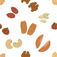 patrón sin costuras con diferentes tipos de nueces. nuez, anacardo, pecana, brasil, cedro. fondo vectorial para imprimir en papel, tela en el campo de los alimentos vector