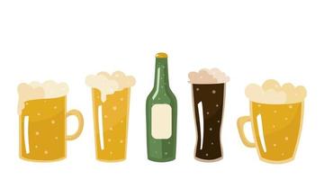 Beer in different types of mugs, glasses and in a bottle. Vector illustration isolated. For design or decoration