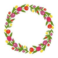 Spring flower wreath of tulips. Vector illustration. Green leaf. Design for invitations and greeting cards.