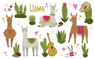 A set of cute llamas or alpacas with Mexican style cacti. isolated illustration on a white background. For the nursery, prints on fabric on paper. vector