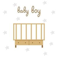 A postcard, invitations for a baby shower boy. A crib on a background of stars and an inscription. Template vector illustration for printing