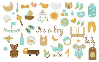 Baby shower set, it's a boy. Crib, diaper, carousel, toys, pacifier, bottle, flags, airplane, socks. ball. Vector illustration of the child's first items.