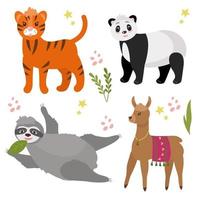 Cute animals set, panda, tiger, llama, sloth. Vector illustration isolated. For a children's postcard, design or decor