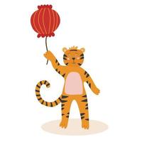 A cute tiger holds a Chinese flashlight in its paw. New Year's card vector clipart, isolated illustration.