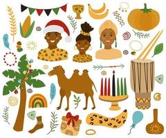 Kwanza set of elements for the African Christmas and New Year traditional holiday. Kinara, candles, drum, spikelet, gifts, African family, flags, camel. Vector illustration.