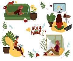 Quarantine, coronavirus, self isolation, stay at home concept. A set of vector illustrations. The cozy style.