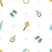 Seamless pattern for baby shower boy. Rattle, pacifier, booties, rodents, stars, cute simple children's background. Vector illustration for clothing, printing on paper, on fabric, postcards, design.