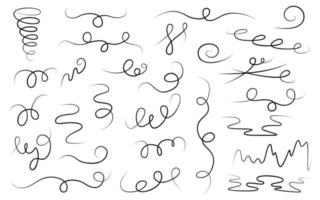 Set doodles whirlwinds, swings, swoop, swish hand-drawn. Vector illustration on a white background. Elements from twisted lines for design or decoration.