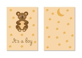 una postal, invitaciones para un baby shower, es un niño. un oso sobre un fondo de estrellas y una inscripción. ilustración de vector de plantilla para impresión, doble cara