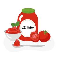 Ketchup, sauce in a jar, beautifully laid out next to it in a cup and on a spoon, a concept. Vector illustration in a cartoon flat hand-drawn style. For labels, design, banners, advertising