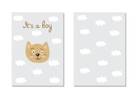 una postal, invitaciones para un baby shower, es un niño. lindo gato en el fondo de las nubes y una inscripción. ilustración de vector de plantilla para impresión, doble cara