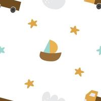 patrón impecable para un chico de la ducha con un bote, un camión y estrellas. ilustración vectorial para ropa, impresión en papel, tela, postales, diseño. vector
