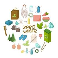 Zero waste - a set of colored icons in the shape of a circle. Or a template for logo design Vector collection of ECO lifestyle symbols.