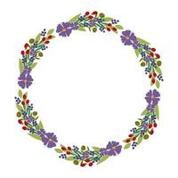 Floral wreath. Vector illustration. Purple flowers, red berries, green leaves. Design for invitations and greeting cards.