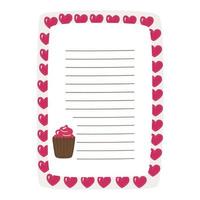 The letter form is vertical in a frame of hearts and cakes, lined. Vector illustration in hand-drawn style.