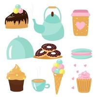 Tea party, cake, ice cream, donuts, teapot and cup. Cute, vector set. An isolated illustration.