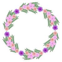 Floral wreath. Vector illustration. Purple and pink flowers, green leaves. Design for invitations and greeting cards.