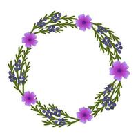 Floral wreath. Vector illustration. Purple flowers and berries, green leaves.