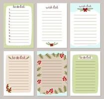 Set of to-do lists template wish pages for Christmas and New Year. Decorated with fir branches, winter berries, poinsettia and snow. Vector illustration of holiday planning and gifts.