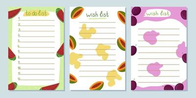 Set of summer to-do lists is a wish page template. Decorated with watermelon berries, papaya and plums. Vector illustration of vacation planning and gifts.