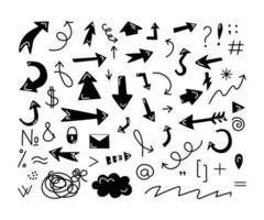 Arrows are a set of different black and white, drawn in a doodle style. The symbols are question mark, dollar, letter, lock, cloud, brackets. The vector illustration is isolated.