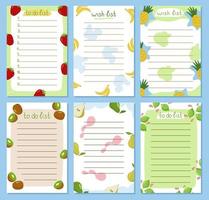 Set of summer to-do lists is a wish page template. Decorated with strawberries, bananas, pineapples, kiwis, pears, limes. Vector illustration of vacation planning and gifts.