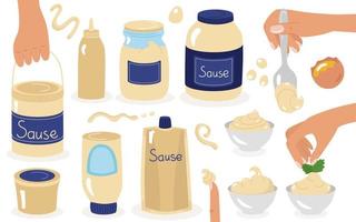 Mayonnaise various types of jars with sauce, glass, plastic buckets, a bag with a bottom, bowls, drops and drips. Beautiful hands for design. A set of vector illustrations in a cartoon.