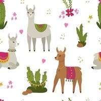 Seamless pattern with lamps or alpacas and cacti in the Mexican style. Vector illustration. For the nursery. Prints on fabric, on paper.