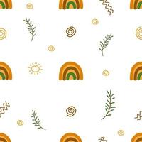 The pattern is seamless ethnic abstract with rainbows and flowers, in a brown-green range. Vector illustration for printing on paper, fabric, packaging, design or decor