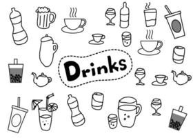 A set of doodle drawing drinking floating around word DRINKS at the center. They are outline drawing style in black and white isolated on white background. vector