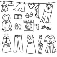 A set of doodle drawing style about laundry isolated on white background. There is a washing machine at the center and various clothes around in colorful pastel.