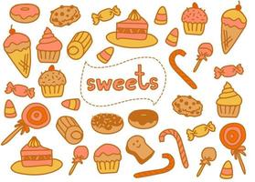 A set of doodle drawing desert floating around word SWEETS at the center. It is a cute drawing in vintage color style isolated on white background. vector