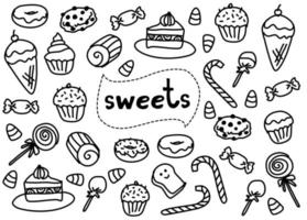 A set of doodle drawing desert floating around word SWEETS at the center. It is a cute drawing in vintage color style isolated on white background. vector