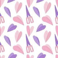 Scissors and paper cut into the shape of a hearts. Seamless pattern. Valentine Day decoration pattern. Wrapping paper pattern. vector