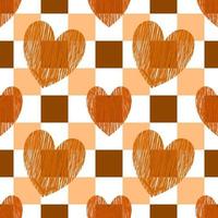 Valentine seamless background. Hearts on a checkerboard background. Seamless pattern. Hand drawn vector lines. Wrapping paper pattern. Valentine's Day decoration pattern. Burnt Orange.