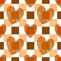 Valentine seamless background. Hearts on a checkerboard background. Seamless pattern. Hand drawn vector lines. Wrapping paper pattern. Valentine's Day decoration pattern. Burnt Orange.