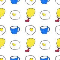 Seamless pattern. Coffee mug and fried egg on white background. Valentine's Day decoration pattern. Vector line art. Hand drawn pattern. Golden Yellow.