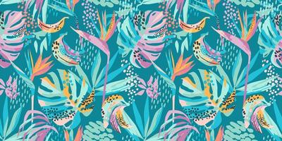 Abstract art seamless pattern with tropical leaves and flowers. Modern exotic design vector