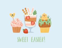 Easter illustration with funny sweets. Cupcake, cake, dessert with easter symbols. Vector design