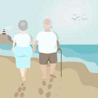 pareja de ancianos caminando por la playa. vector