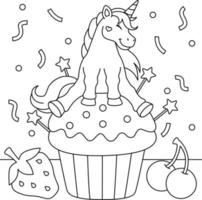 Unicorn Sitting On A Cupcake Coloring Page vector