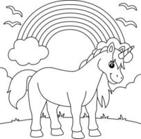 unicornio de pie bajo el arcoiris para colorear página vector
