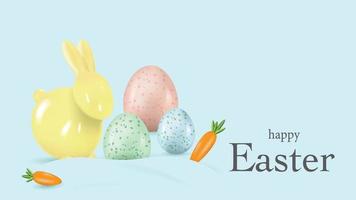 Blue background for Easter with yellow bunny, Easter eggs and carrots. Template for background, banner, cards, advertisement. Realistic vector background.