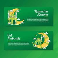 Ramadan kareem and Eid Mubarak banner with hand drawn illustration of mosque and moon vector